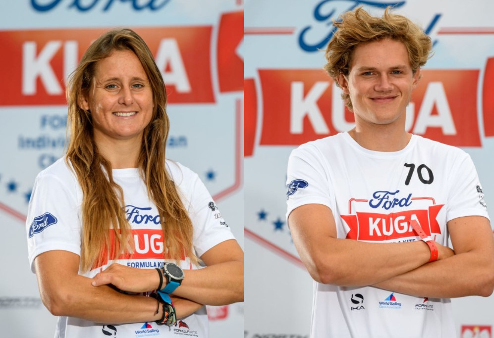Kitesurfen Olympisch. Kitefoil Team Nederland vertegenwoordigd door duo Sven en Mariska tijdens het Europees kampioenschap kitefoilen