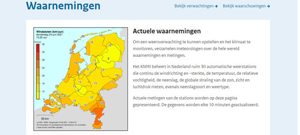 Prévision de la direction du vent, rafales, force du vent, vitesse du vent sur KNMI.nl